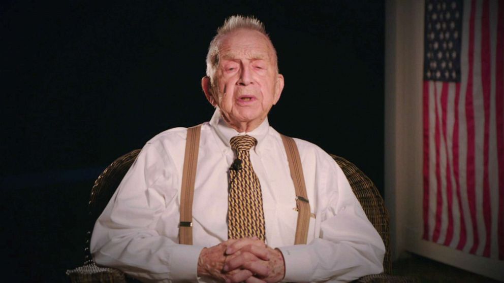 PHOTO: WWII veteran Ed Good speaks by video feed on the final night of the 2020 Democratic National Convention, Aug. 20, 2020.