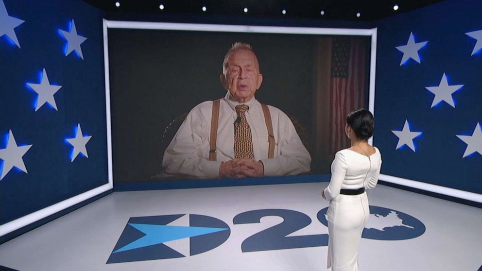 PHOTO: World War II veteran Ed Good speaks as Julia Louis-Dreyfus, serving as moderator, listens during the fourth night of the Democratic National Convention, Aug. 20, 2020.