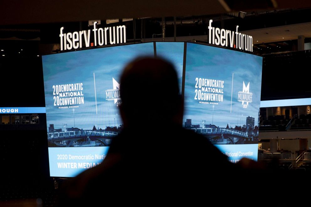 PHOTO: Signage is displayed during a media walkthrough for the upcoming Democratic National Convention (DNC) at the Fiserv Forum in Milwaukee, Jan. 7, 2020. 