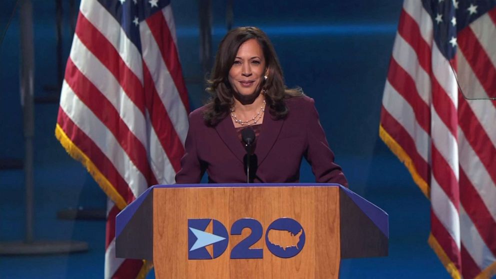 PHOTO: Senator Kamala Harris accepts the Democratic vice presidential nomination during an acceptance speech delivered for the largely virtual 2020 Democratic National Convention from the Chase Center in Wilmington, Del., Aug. 19, 2020. 