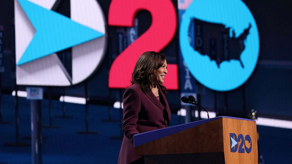 PHOTO: Democratic vice presidential nominee Sen. Kamala Harris speaks on the third night of the Democratic National Convention from the Chase Center, as she accepts the nomination, Aug. 19, 2020 in Wilmington, Del.