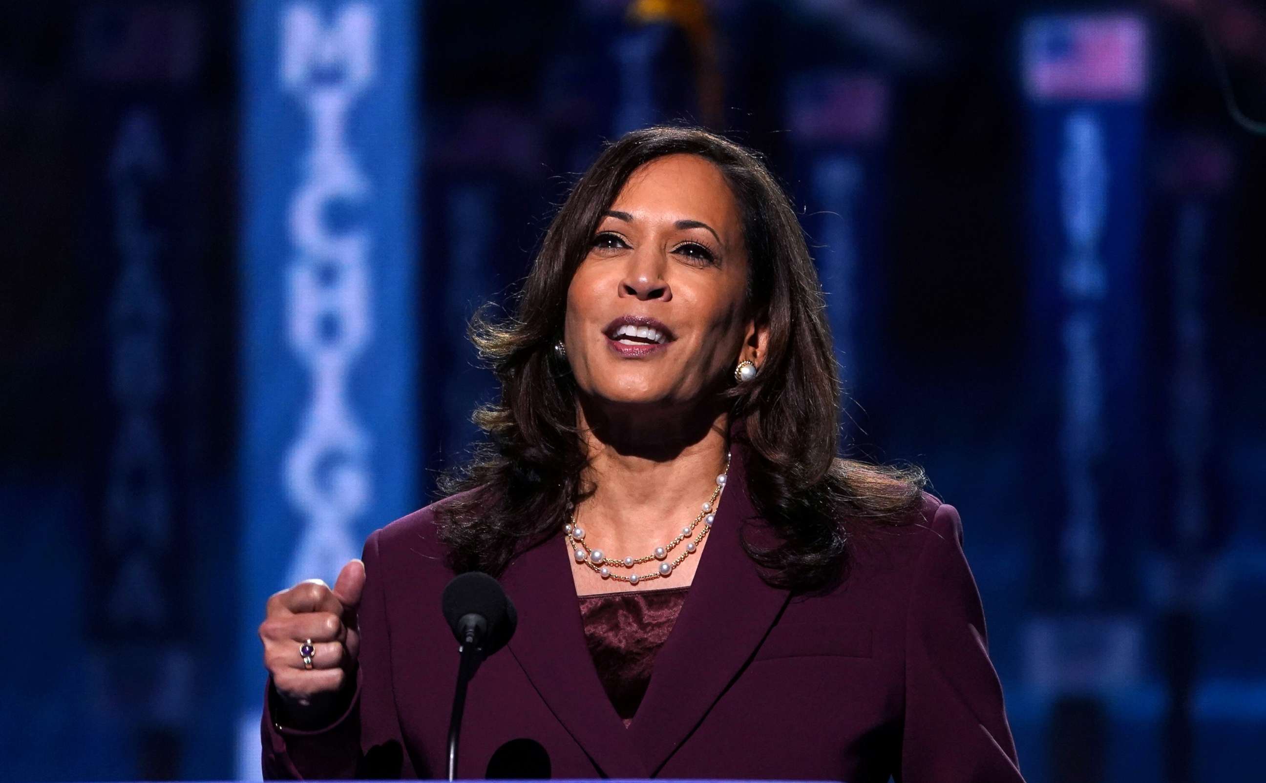 PHOTO: Senator Kamala Harris accepts the Democratic vice presidential nomination during an acceptance speech delivered for the largely virtual 2020 Democratic National Convention from the Chase Center in Wilmington, Del., Aug. 19, 2020.