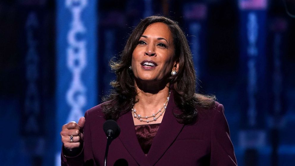 PHOTO: Senator Kamala Harris accepts the Democratic vice presidential nomination during an acceptance speech delivered for the largely virtual 2020 Democratic National Convention from the Chase Center in Wilmington, Del., Aug. 19, 2020.