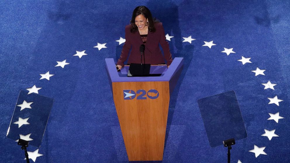 PHOTO: Democratic vice presidential nominee Sen. Kamala Harris speaks on the third night of the Democratic National Convention from the Chase Center, Aug. 19, 2020, in Wilmington, Del.