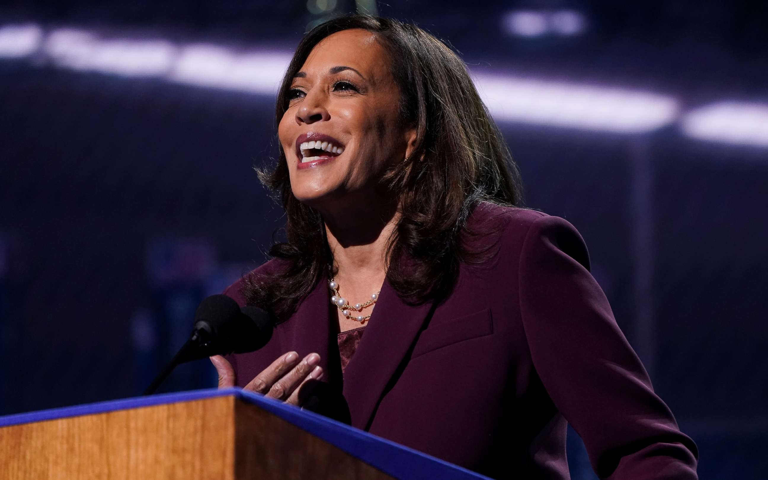 PHOTO: Senator Kamala Harris accepts the Democratic vice presidential nomination during her speech delivered for the largely virtual 2020 Democratic National Convention from the Chase Center in Wilmington, Del., Aug. 19, 2020.