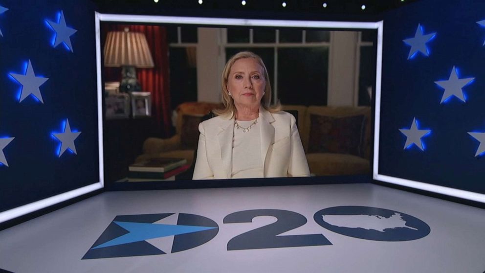 PHOTO: Former U.S. Secretary of State Hillary Clinton speaks by video feed during the virtual 2020 Democratic National Convention, Aug. 19. 2020.
