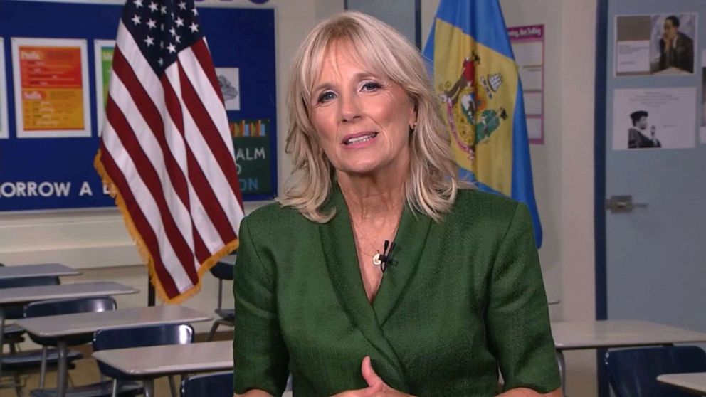 PHOTO: Dr. Jill Biden, wife of Democratic presidential candidate Joe Biden, speaks from Brandywine High School where she taught English from 1991 to 1993, during the virtual 2020 Democratic National Convention, Aug. 18, 2020.