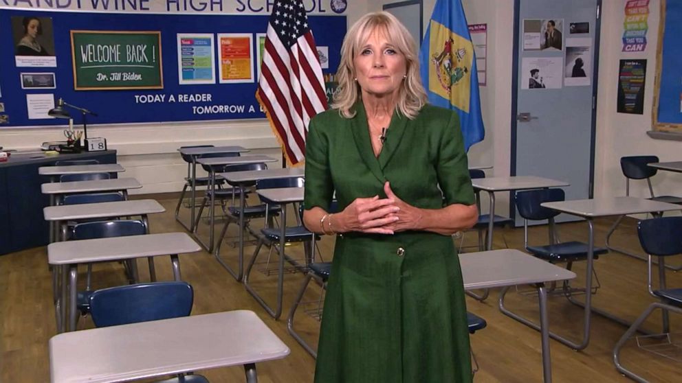 PHOTO: Dr. Jill Biden, wife of Democratic presidential candidate Joe Biden, speaks from Brandywine High School where she taught English from 1991 to 1993, during the virtual 2020 Democratic National Convention, Aug. 18, 2020.