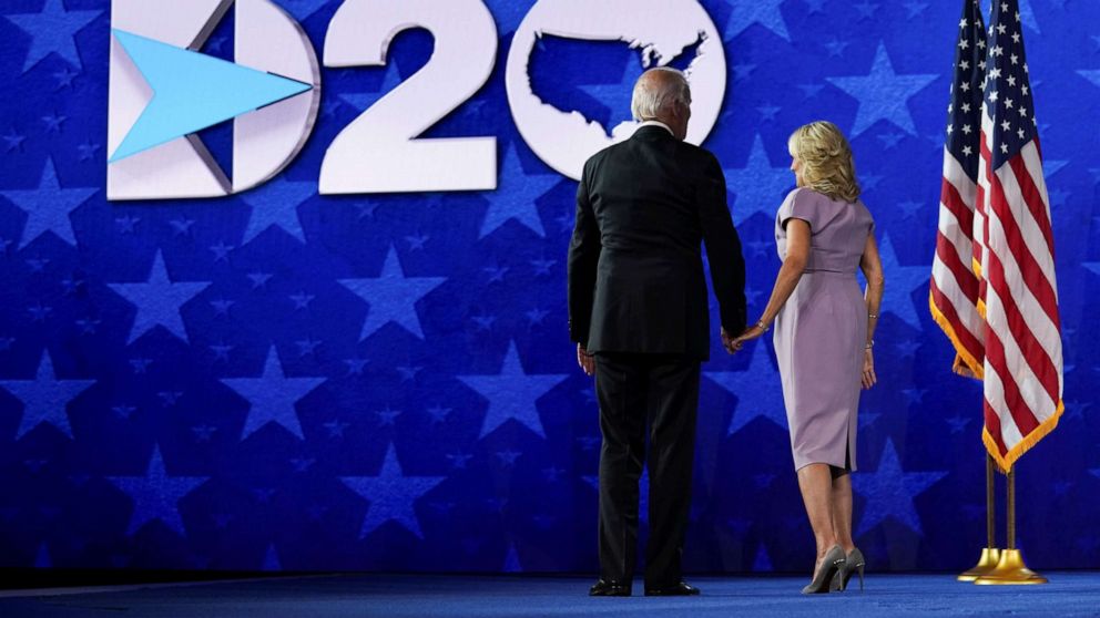 PHOTO: Democratic presidential candidate Joe Biden and his wife Dr. Jill Biden leave the stage following his acceptance speech on the final night of the 2020 Democratic National Convention in Wilmington, Del., Aug. 20, 2020.