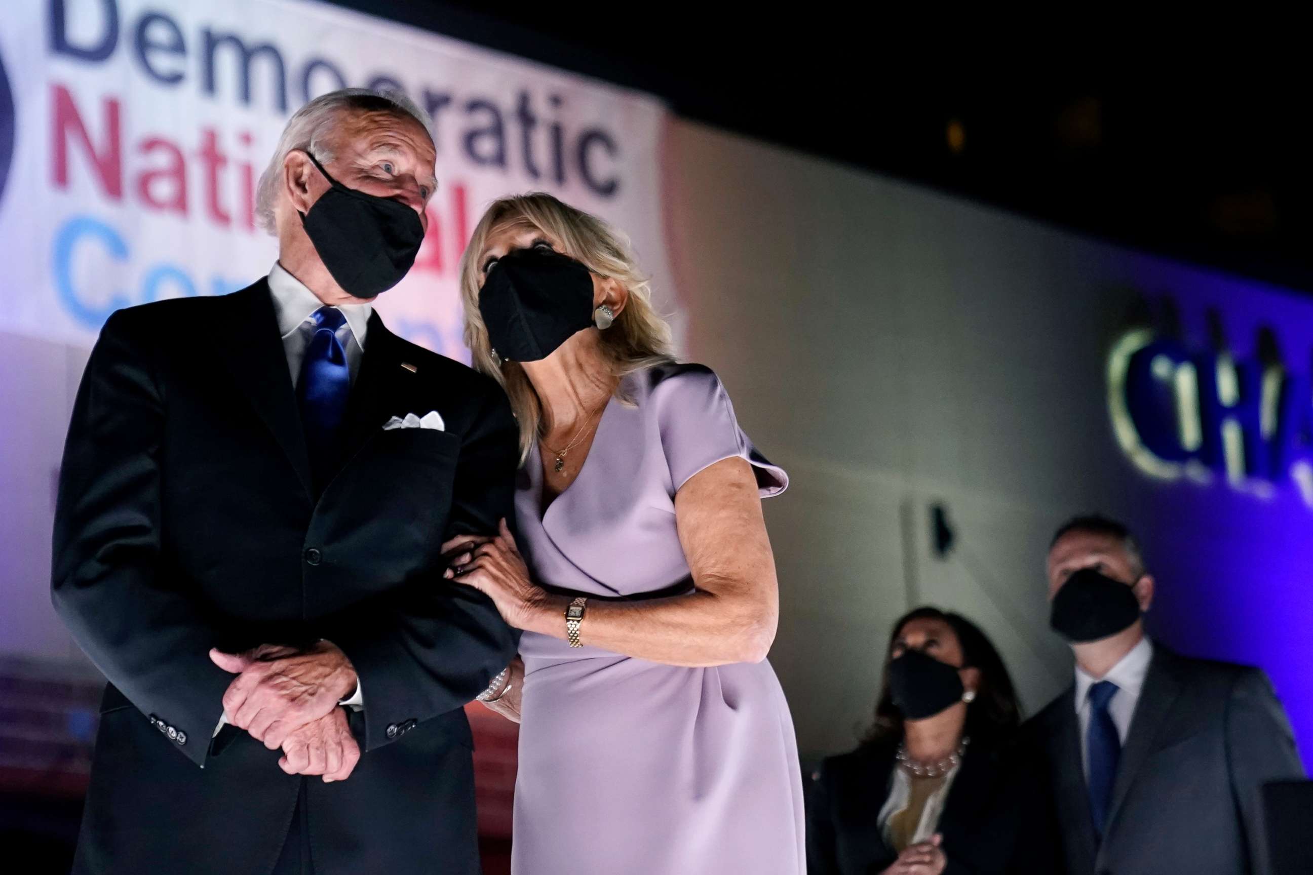 PHOTO: Democratic presidential candidate former Vice President Joe Biden, and his wife Dr. Jill Biden, watch fireworks with Sen. Kamala Harris and her husband Doug Emhoff, at the Democratic National Convention, Aug. 20, 2020, in Wilmington, Del.