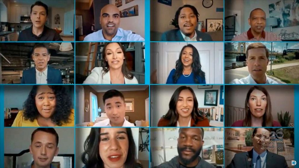 PHOTO: Democratic elected officials deliver the keynote address of the convention together by video feed during the virtual 2020 Democratic National Convention as participants from across the country are hosted over video links, Aug. 18, 2020.