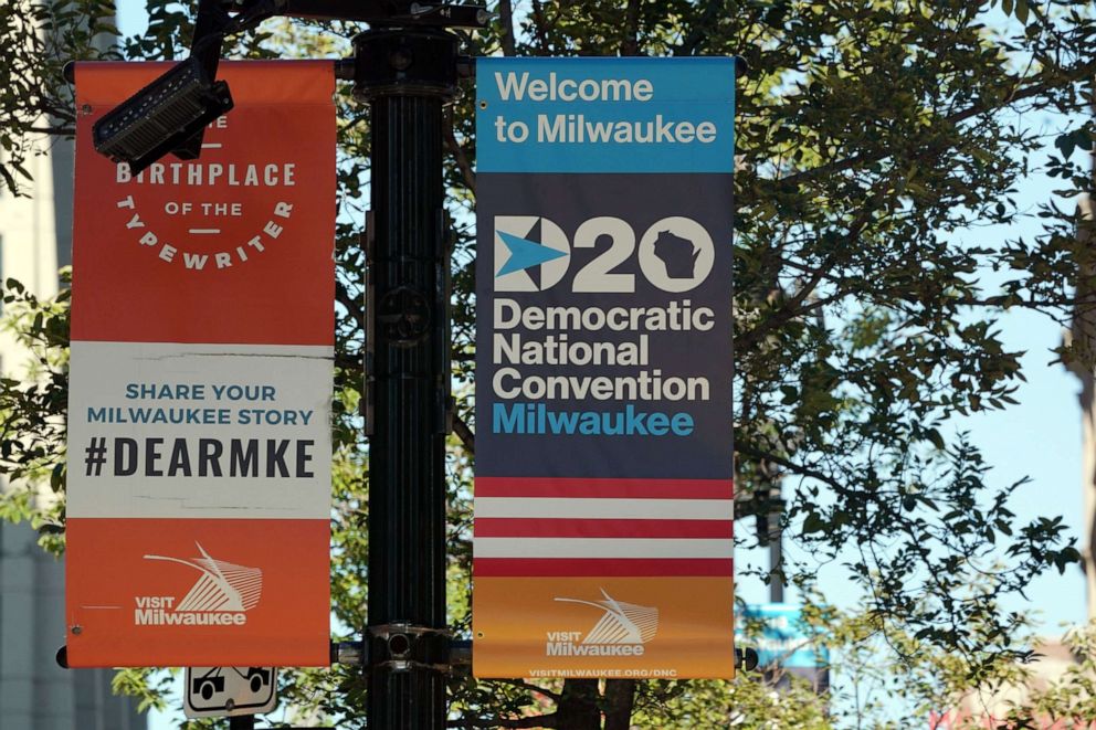 PHOTO: A sign advertises the convention at Wisconsin Center, home to the 2020 Democratic National Convention in Milwaukee on Aug. 11, 2020.