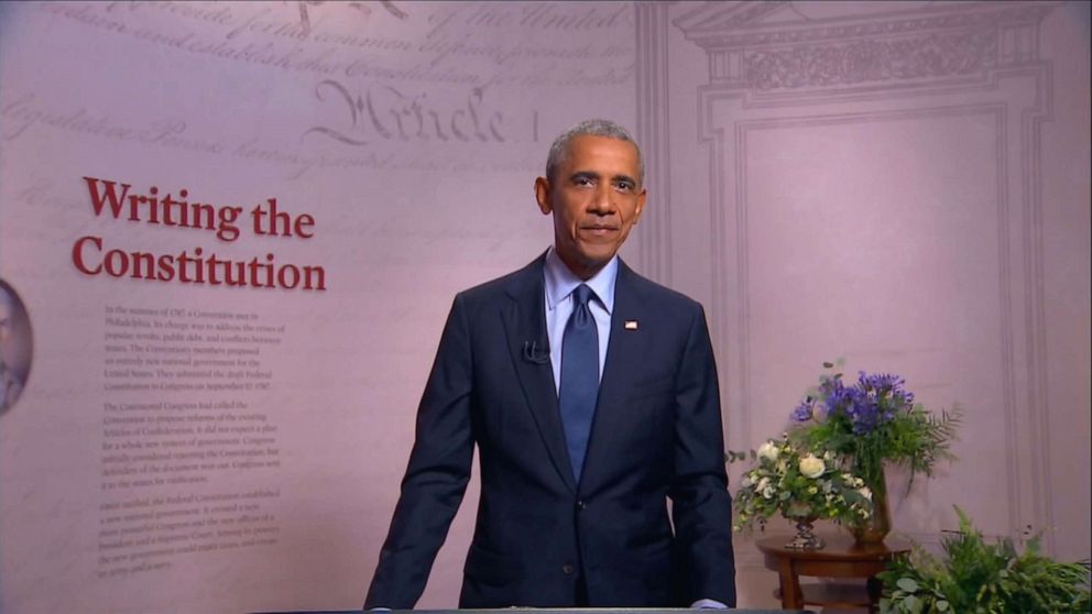 PHOTO: Former President Barack Obama speaks by video feed on the third night of the 2020 Democratic National Convention, Aug. 19. 2020.