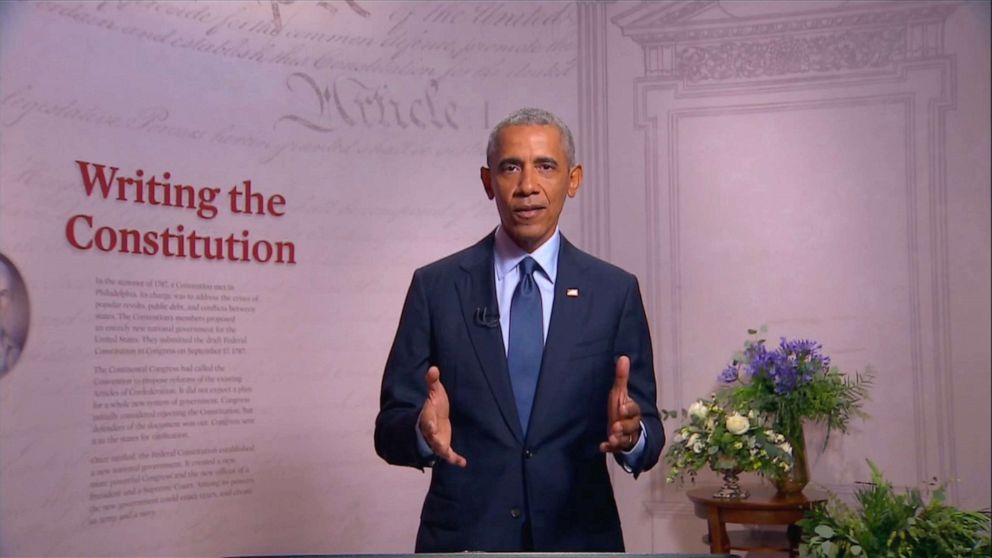 PHOTO: Former President Barack Obama speaks by video feed on the third night of the 2020 Democratic National Convention, Aug. 19. 2020.