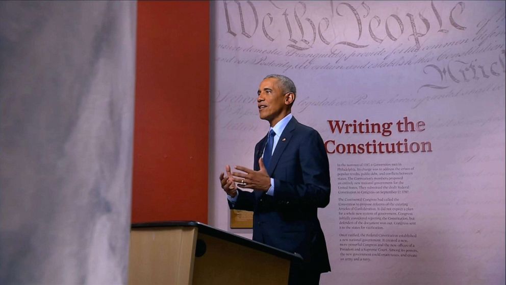 PHOTO: Former President Barack Obama speaks by video feed on the third night of the 2020 Democratic National Convention, Aug. 19. 2020.