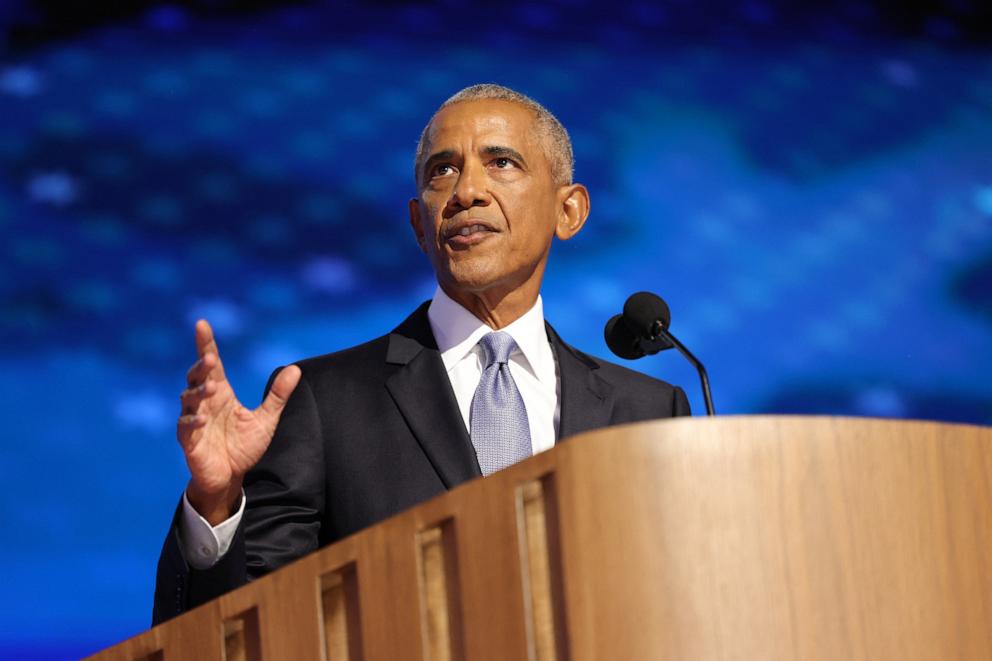 PHOTO: Former President Barack Obama speaks on the second day of the Democratic National Convention in Chicago, on Aug. 20, 2024. 