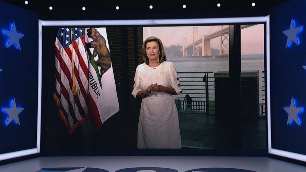 PHOTO: Speaker of the House Nancy Pelosi speaks by video feed during the virtual 2020 Democratic National Convention, Aug. 19 2020.