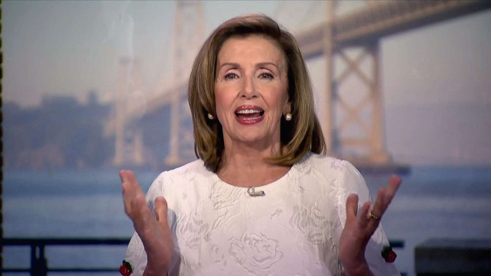 PHOTO: Speaker of the House Nancy Pelosi speaks by video feed during the virtual 2020 Democratic National Convention, Aug. 19 2020.