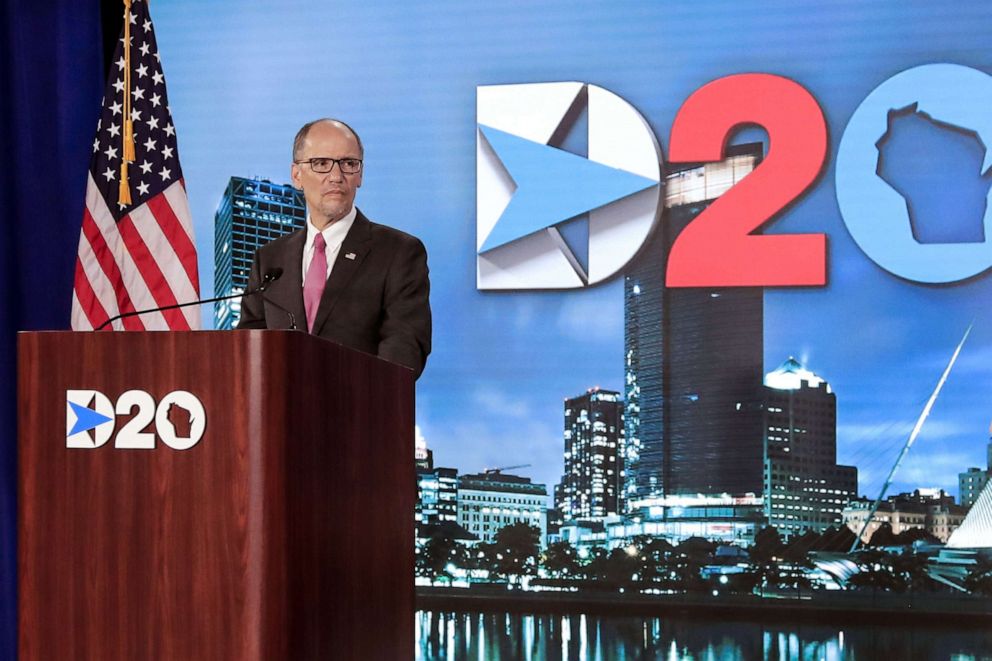 PHOTO: Democratic National Committee Chairman Tom Perez addresses the last day of the Democratic National Convention, being held virtually amid the novel coronavirus pandemic, at its hosting site in Milwaukee, Aug. 20, 2020.
