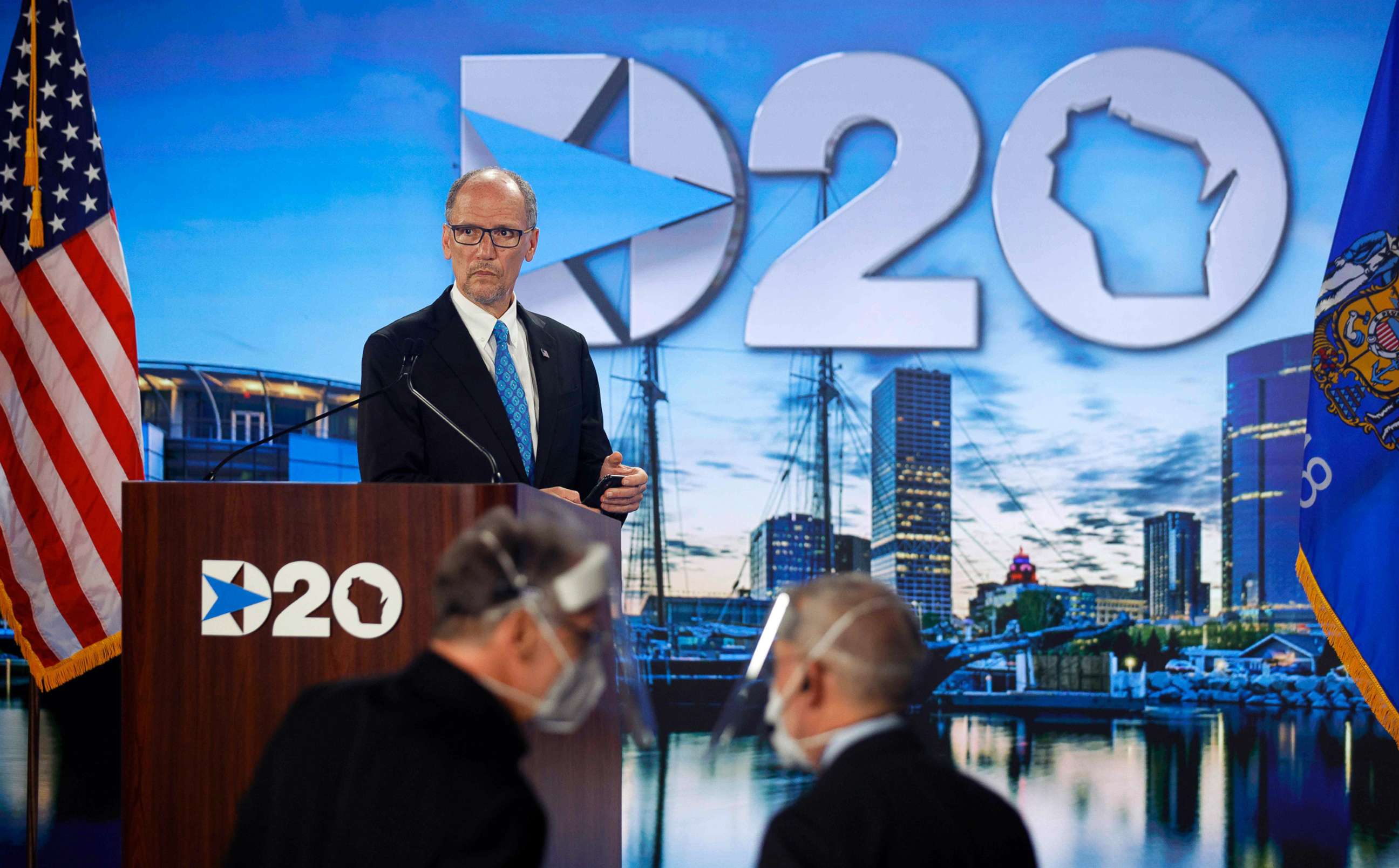 PHOTO: Democratic National Committee Chairman Tom Perez stands at the podium as he prepares to address the second day of the Democratic National Convention, being held virtually amid the novel coronavirus pandemic, in Milwaukee, Aug. 18, 2020.