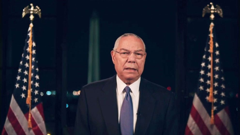 PHOTO: Gen. Colin Powell speaks on the second night of the Democratic National Convention, Aug. 18, 2020, from Washington, D.C.