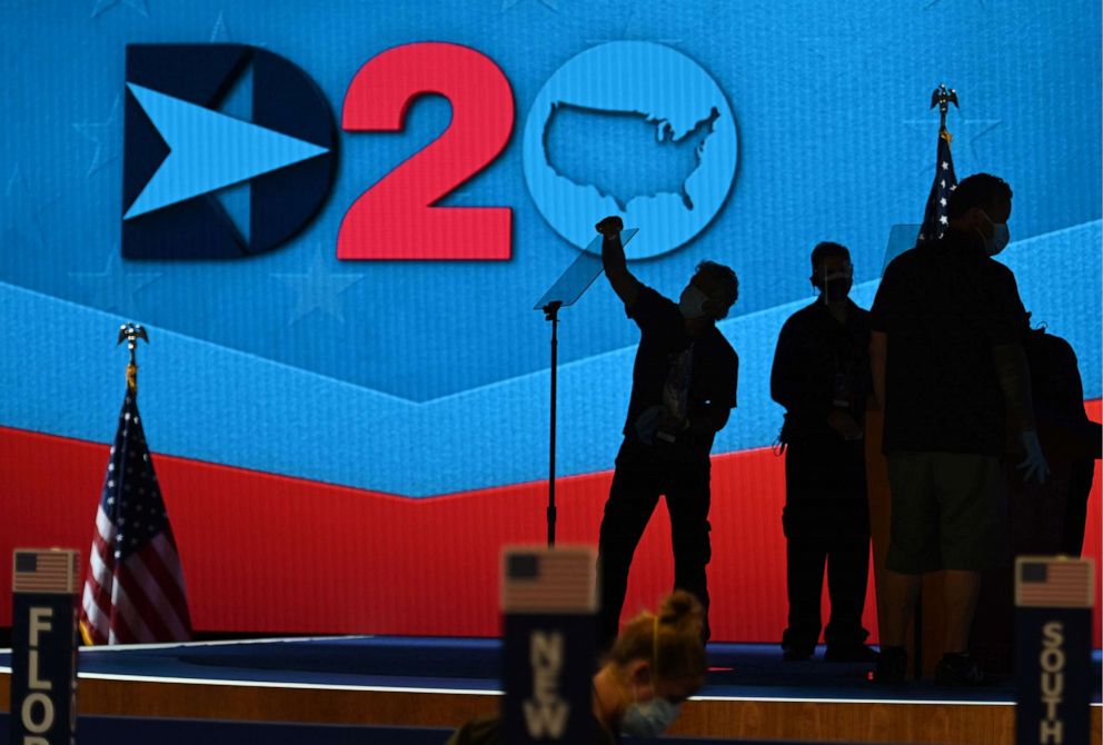 PHOTO: Preparations are made on the stage ahead of the third day of the Democratic National Convention, being held virtually amid the novel coronavirus pandemic, at the Chase Center in Wilmington, Del., Aug. 19, 2020.