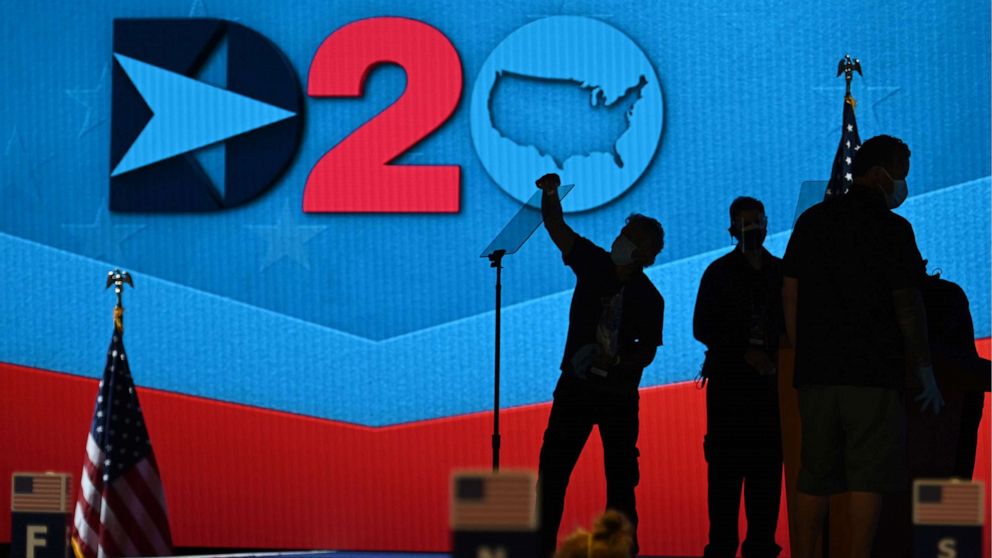 PHOTO: Preparations are made on the stage ahead of the third day of the Democratic National Convention, being held virtually amid the novel coronavirus pandemic, at the Chase Center in Wilmington, Del., Aug. 19, 2020.