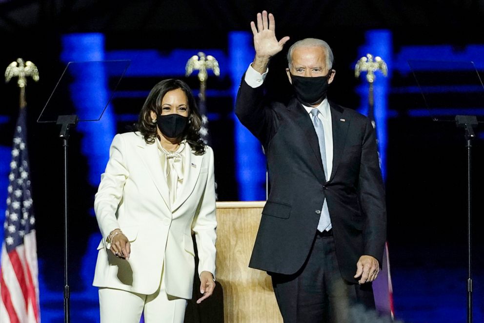 PHOTO: President-elect Joe Biden and Vice President-elect Kamala Harris deliver remarks in Wilmington, Del., Nov. 7, 2020.