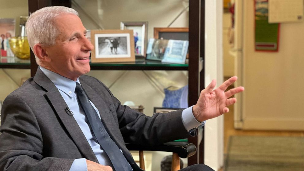 PHOTO: Dr. Anthony Fauci speaks to ABC News' Jonathan Karl in an exclusive interview at his home.