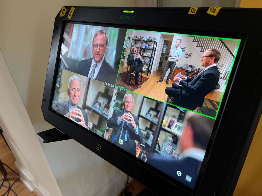 PHOTO: Dr. Anthony Fauci speaks to ABC News' Jonathan Karl in an exclusive interview at his home.