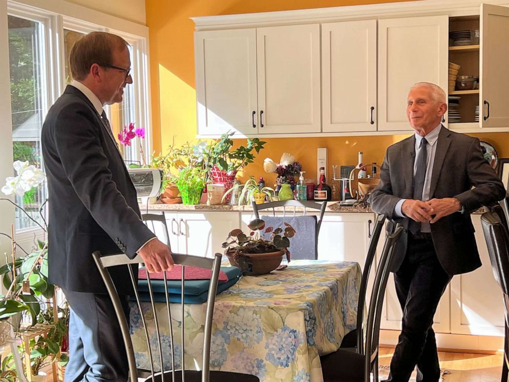 PHOTO: Dr. Anthony Fauci speaks to ABC News' Jonathan Karl in an exclusive interview at his home.