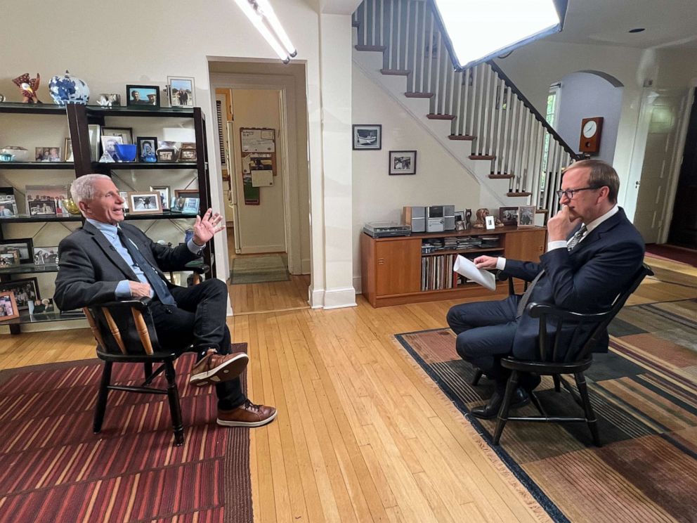 PHOTO: Dr. Anthony Fauci speaks to ABC News' Jonathan Karl in an exclusive interview at his home.