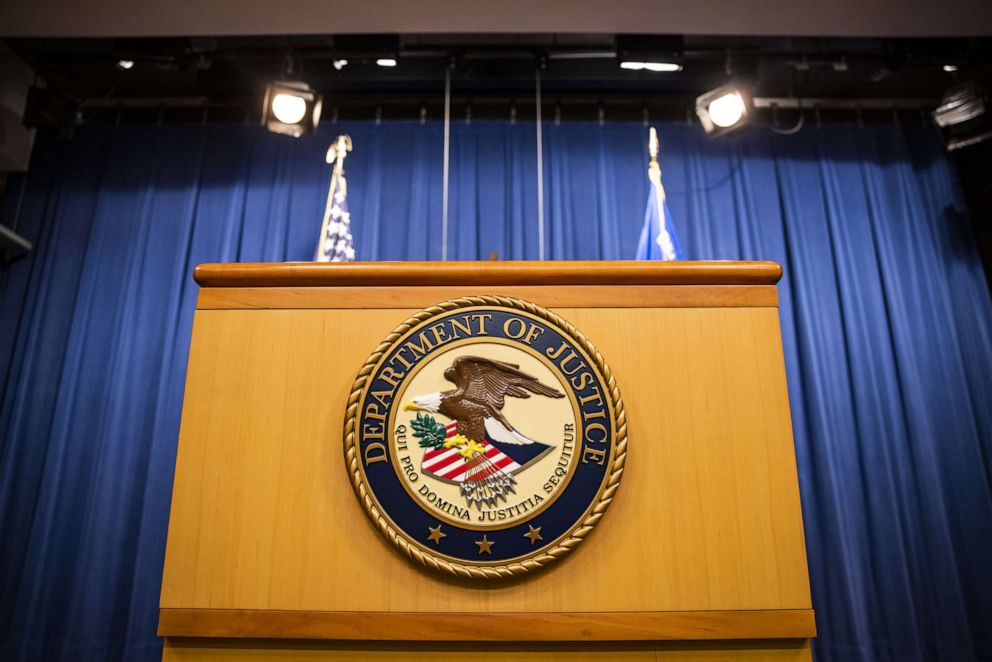 PHOTO: The Department of Justice seal on a podium in Washington, D.C., Aug. 5, 2021. 