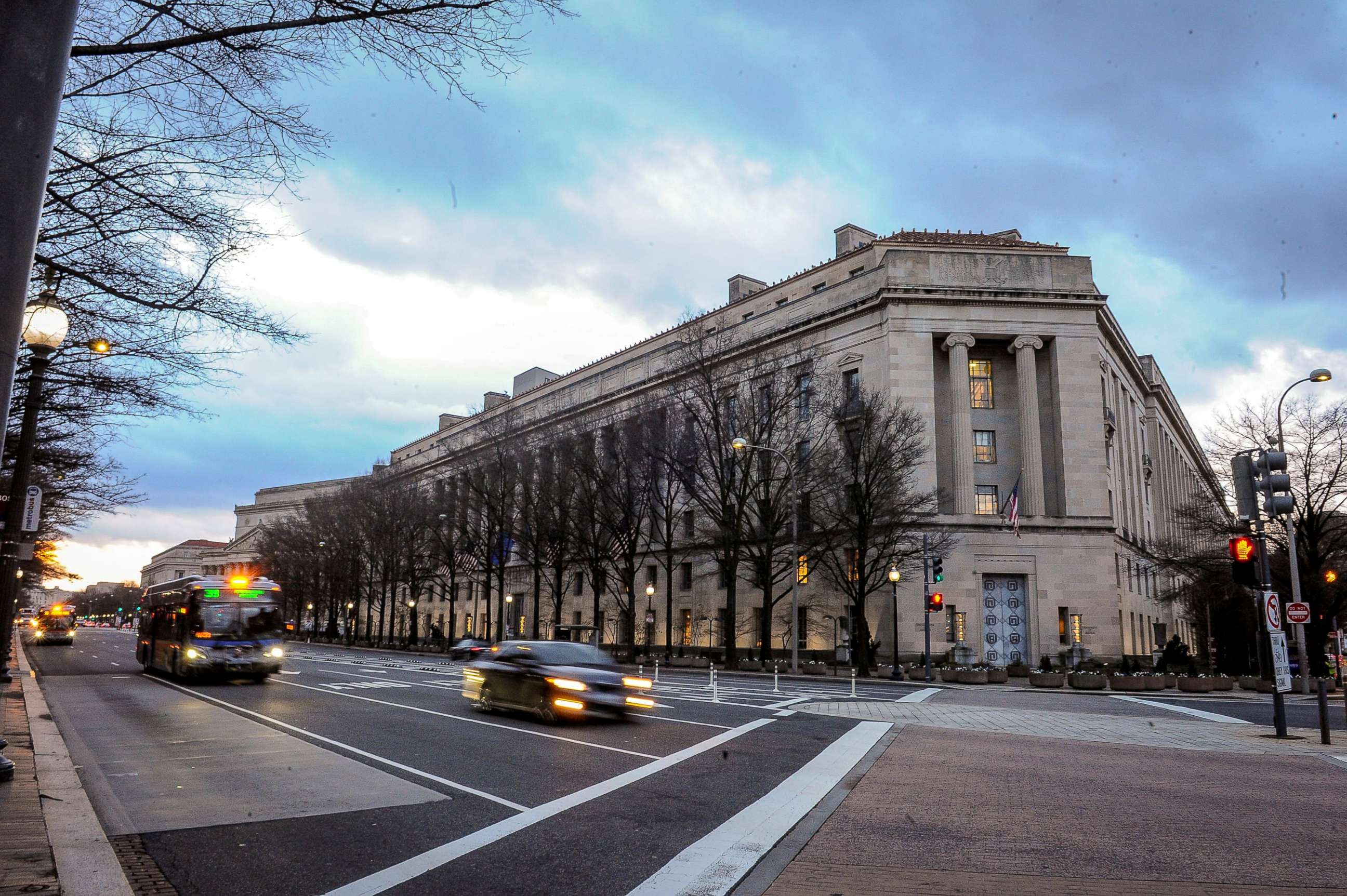 PHOTO: The Department of Justice building is bathed in morning light at sunrise in Washington, Feb. 14, 2020.