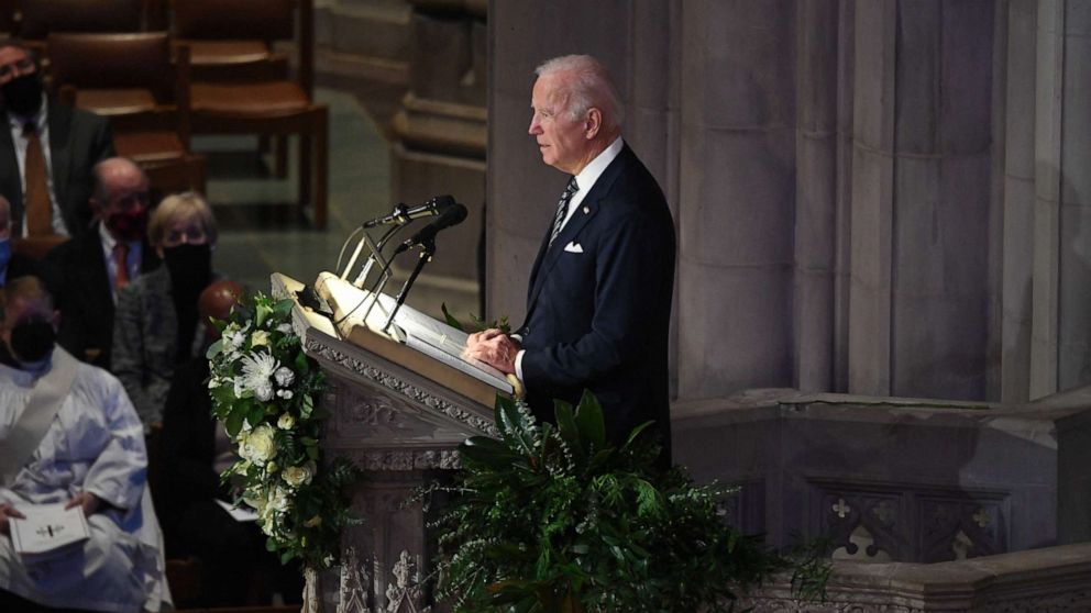 PHOTO: President Joe Biden delivers remarks during the funeral service for late US Senator Bob Dole at the Washington National Cathedral, Dec. 10, 2021, in Washington, D.C. 