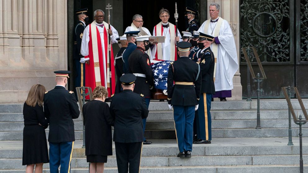 PHOTO: The flag-draped casket of former Sen. Bob Dole of Kansas, is carried into the Washington National Cathedral for a funeral service, Dec. 10, 2021, in Washington, D.C.