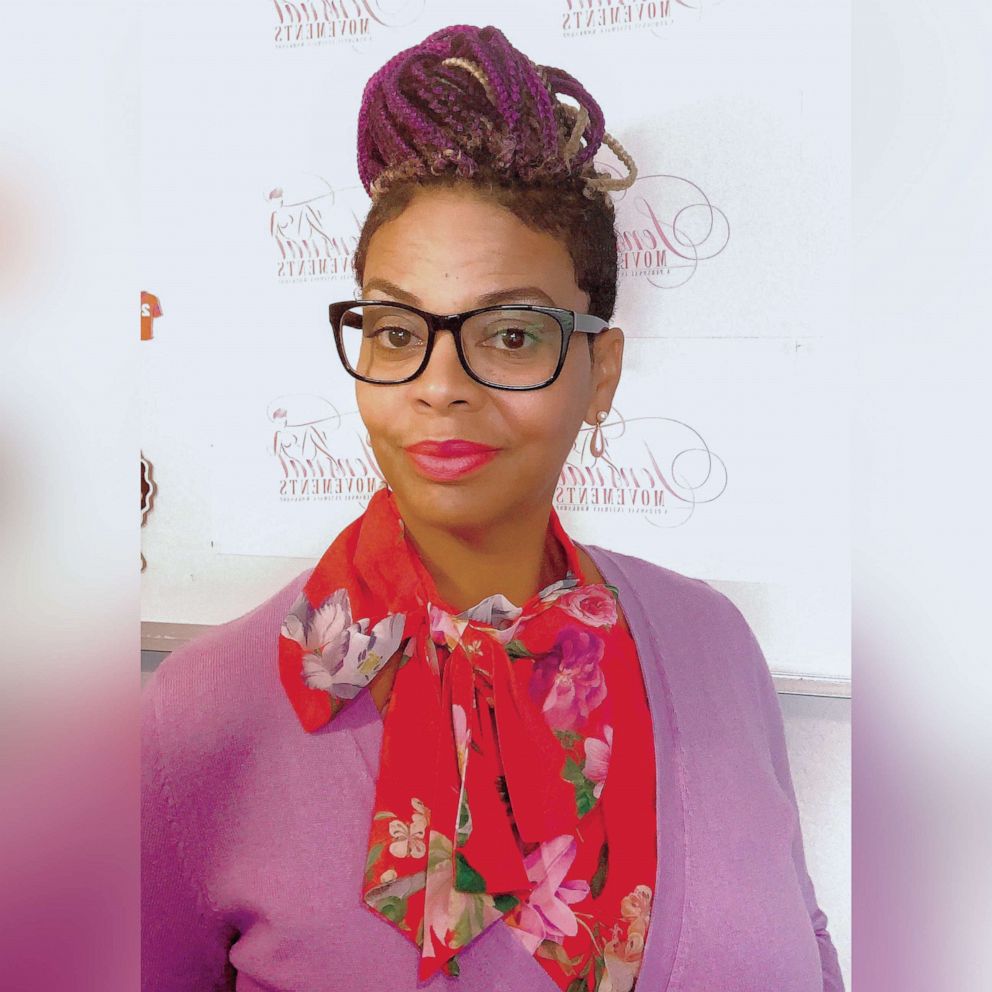 PHOTO: Domini Bryant, a social worker in Houston, prepares to speak on a video conference call about self-care and personal well-being in a handout photo from February 2020.