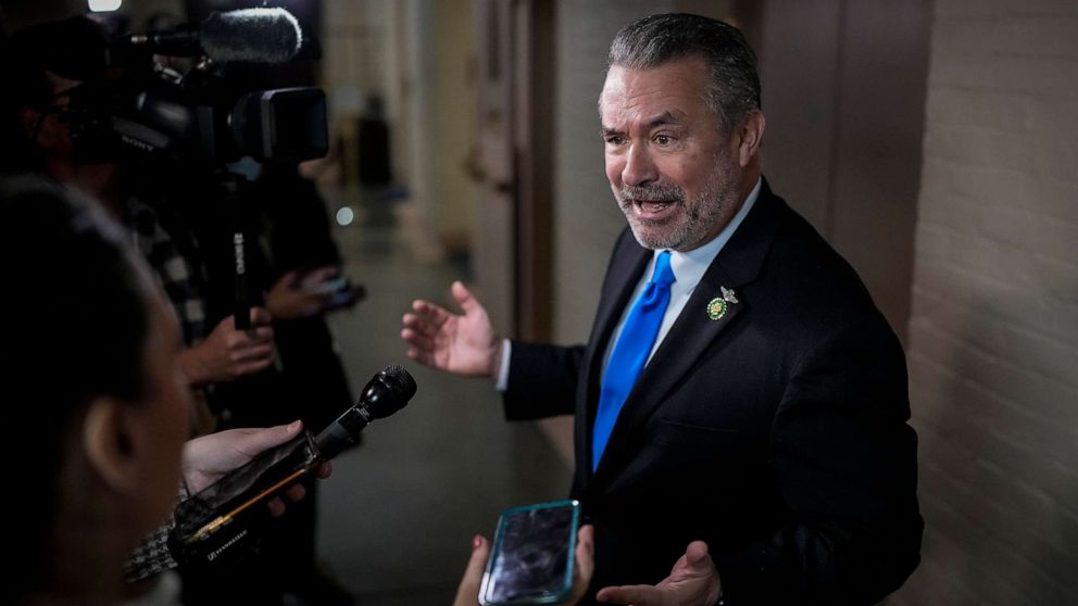 PHOTO: Rep. Don Bacon speaks to reporters on his way to a closed-door GOP caucus meeting at the U.S. Capitol, on Jan. 10, 2023, in Washington, D.C.