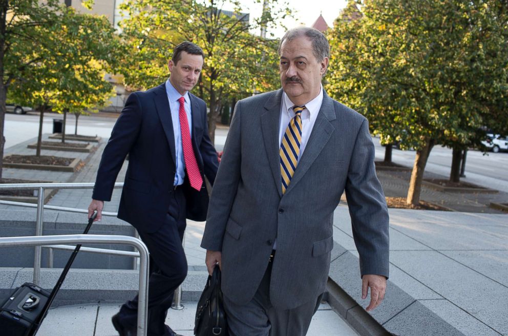 PHOTO: Former Massey Energy CEO Don Blankenship leaves the Federal Courthouse in Charleston, West Virginia with his legal team, Oct. 13, 2015.