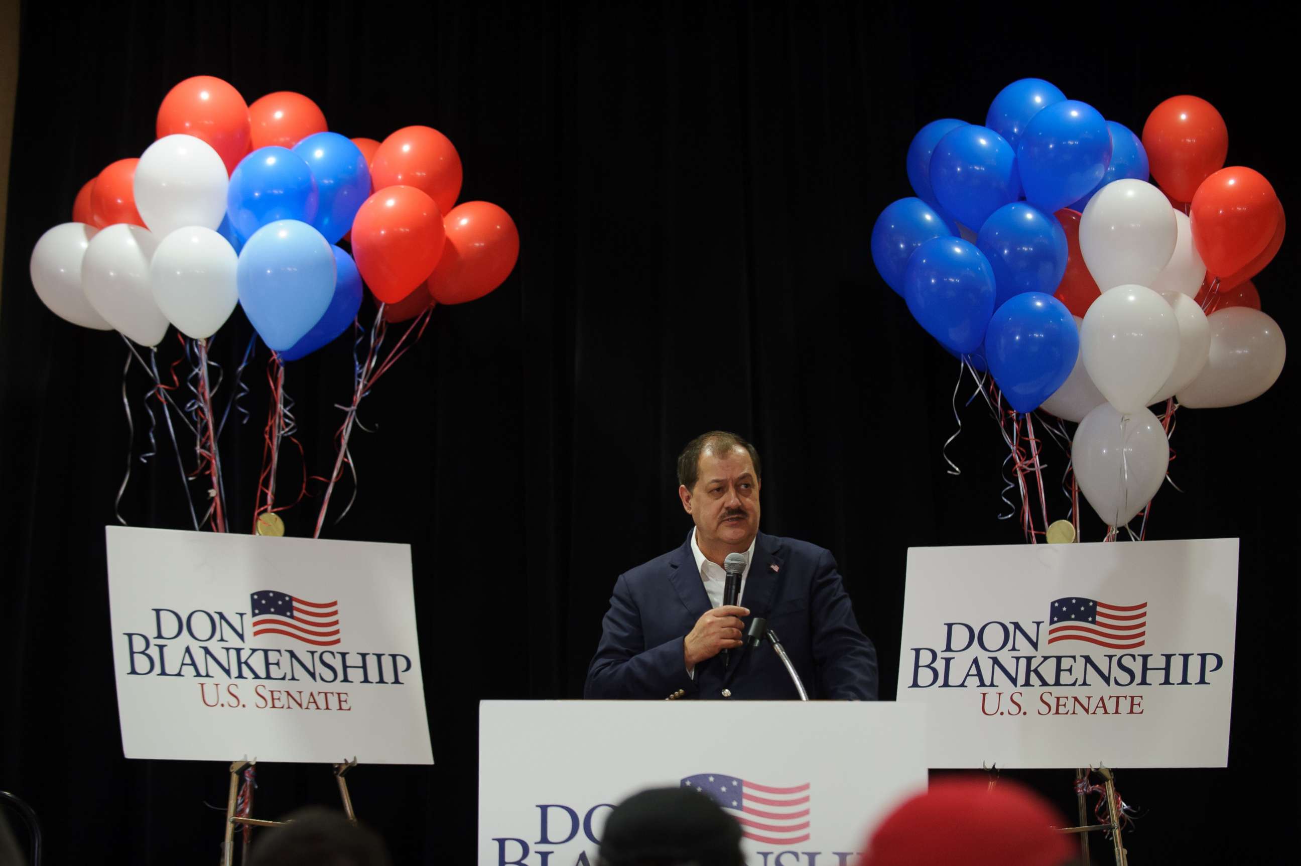 PHOTO: U.S. Senate Republican primary candidate Don Blankenship addresses supporters following a poor showing in the polls May 8, 2018 in Charleston, West Virginia. 