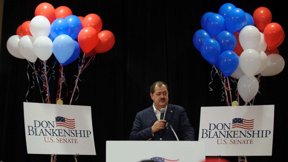 PHOTO: U.S. Senate Republican primary candidate Don Blankenship addresses supporters following a poor showing in the polls May 8, 2018 in Charleston, West Virginia. 