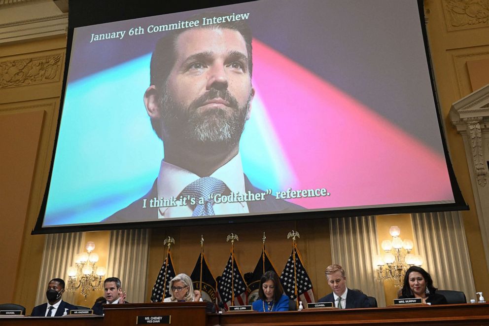 PHOTO: An image of Donald Trump Jr is displayed on a screen during a hearing by the House Select Committee to investigate the January 6th attack on the US Capitol in the Cannon House Office Building in Washington, D.C., on July 21, 2022.