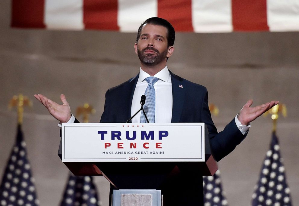 PHOTO: In this file photo taken on Aug. 24, 2020, Donald Trump Jr. speaks during the first day of the Republican convention at the Mellon Auditorium in Washington, D.C.