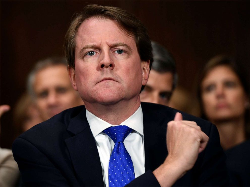 Don Mc Gahn listens as Supreme court nominee Brett Kavanaugh testifies before the Senate Judiciary Committee on Capitol Hill in Washington Sept. 27 2018
