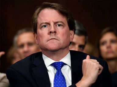 PHOTO: White House counsel Don McGahn listens as Supreme court nominee Brett Kavanaugh testifies before the Senate Judiciary Committee on Capitol Hill in Washington, Sept. 27, 2018.