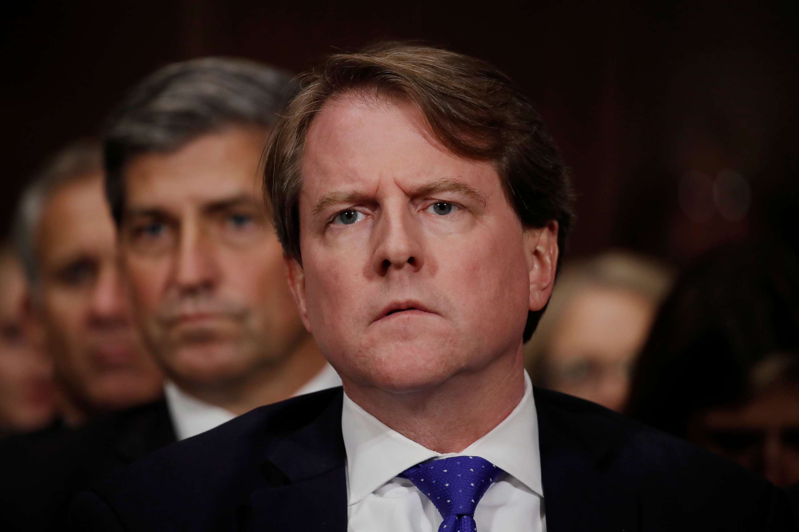 PHOTO: White House counsel Don Mcgahn listens to Judge Brett Kavanaugh testify before the Senate Judiciary Committee during his Supreme Court confirmation hearing in the Dirksen Senate Office Building on Capitol Hill, Sept. 27, 2018, in Washington.