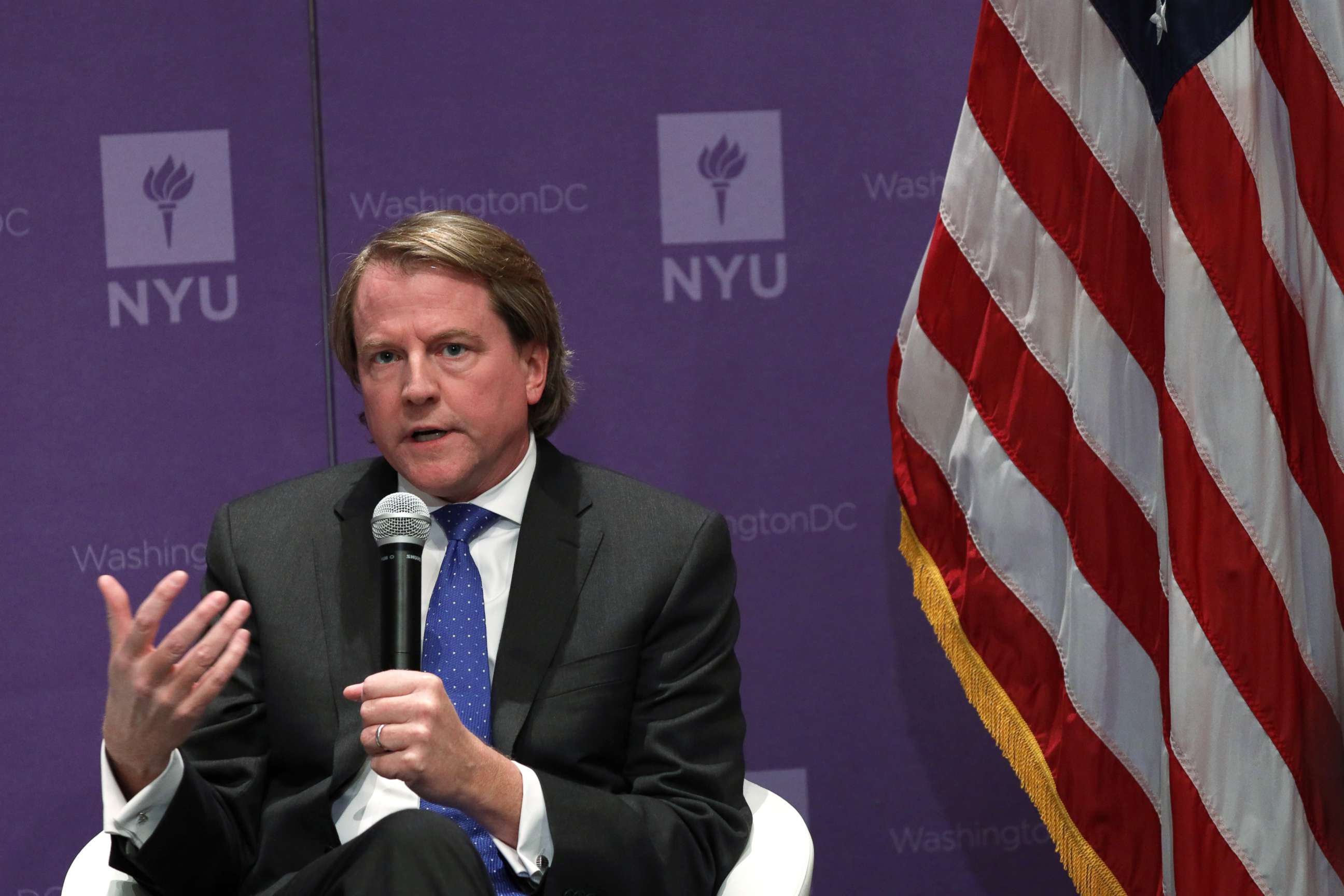 PHOTO: Former White House counsel Don McGahn speaks during a discussion on "Constitutional Questions and Political Struggle: Congress' Role in Oversight and National Security," Dec. 12, 2019, at the NYU Global Academic Center in Washington, DC.
