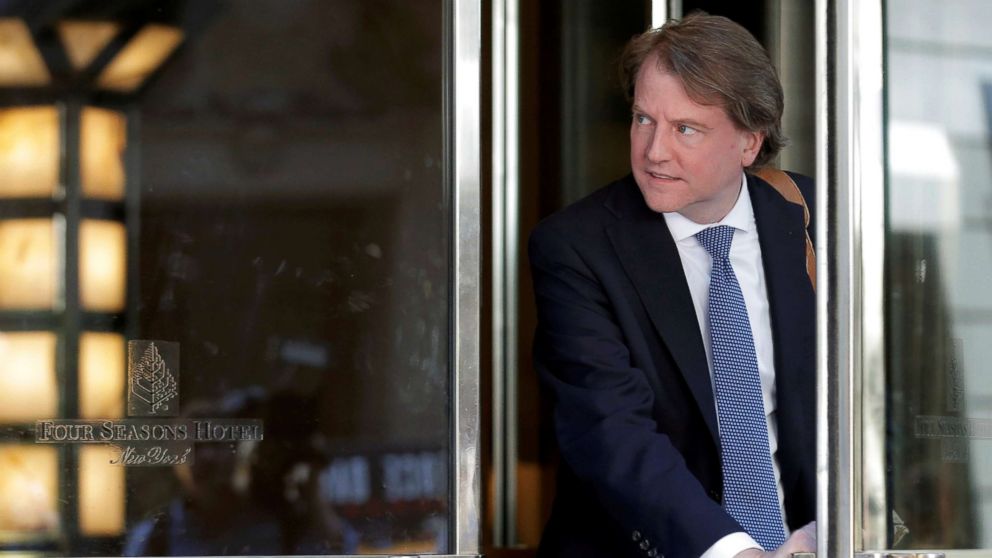 PHOTO: Don McGahn, lawyer and Trump adviser, exits following a meeting of U.S. Republican presidential candidate Donald Trump's national finance team at the Four Seasons Hotel in New York City, in this June 9, 2016 file photo. 