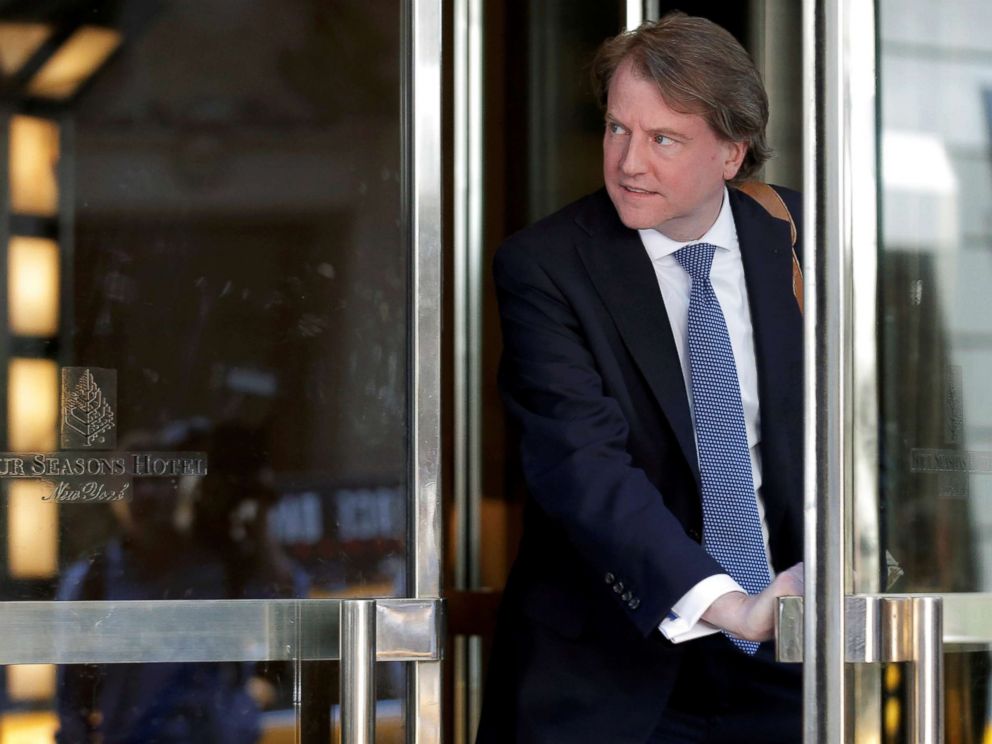 PHOTO: Don McGahn, lawyer and Trump adviser, exits following a meeting of U.S. Republican presidential candidate Donald Trumps national finance team at the Four Seasons Hotel in New York City, in this June 9, 2016 file photo.