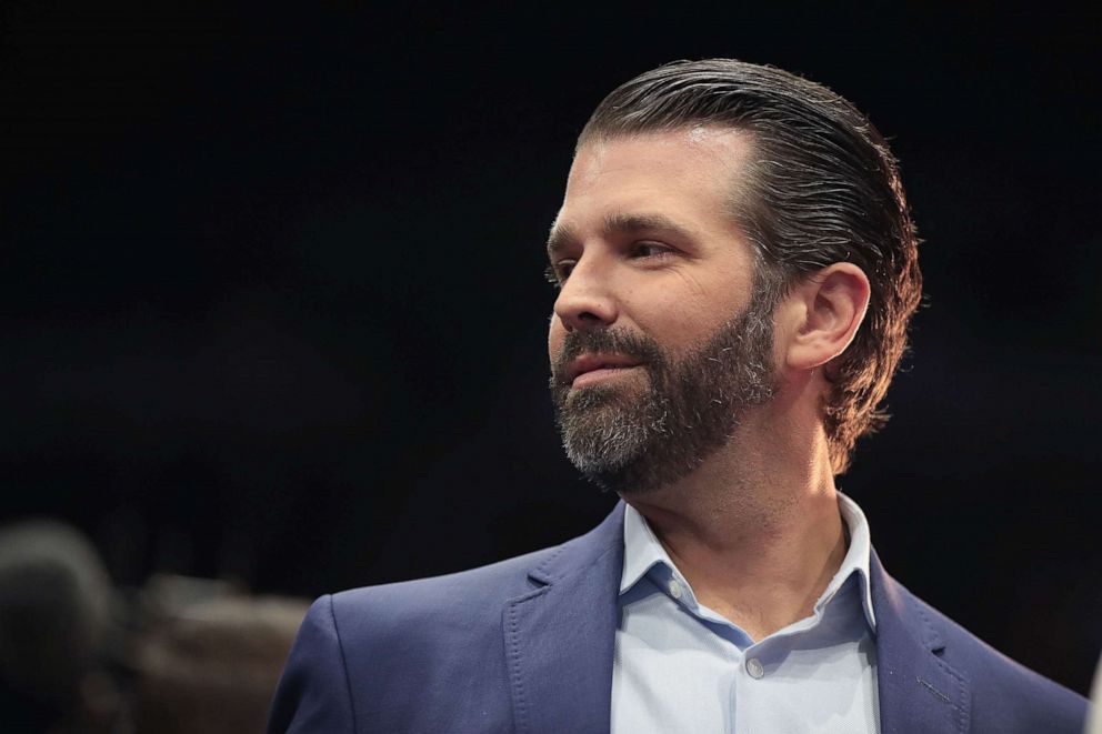 PHOTO: Donald Trump Jr. talks to the press at campaign rally for his father, President Donald Trump, at the Van Andel Arena on March 28, 2019 in Grand Rapids, Mich. 
